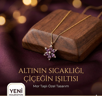 Lotus Kamelya Çiçeği Mor Renkli Çelik Kolye