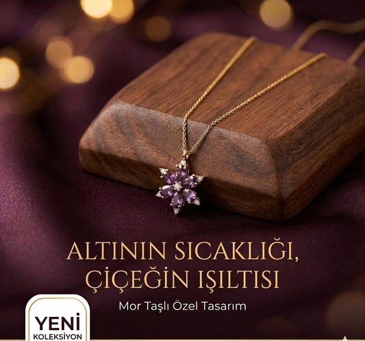 Lotus Kamelya Çiçeği Mor Renkli Çelik Kolye